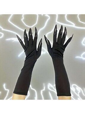 BLACK Pull On Spooky Dress Gloves with Nails NEW NIP